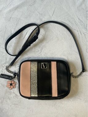 Victoria's Secret Black Pink Silver Striped Small Crossbody Flower Charm